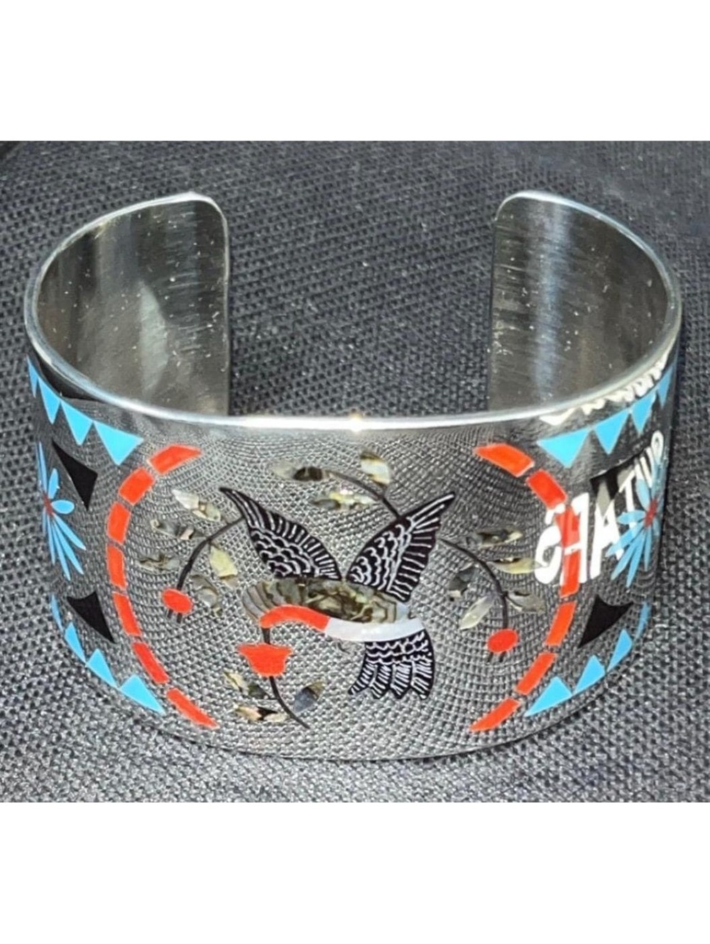 Zuni inlay traditional turquoise, coral hummingbird bracelet/cuff sterling